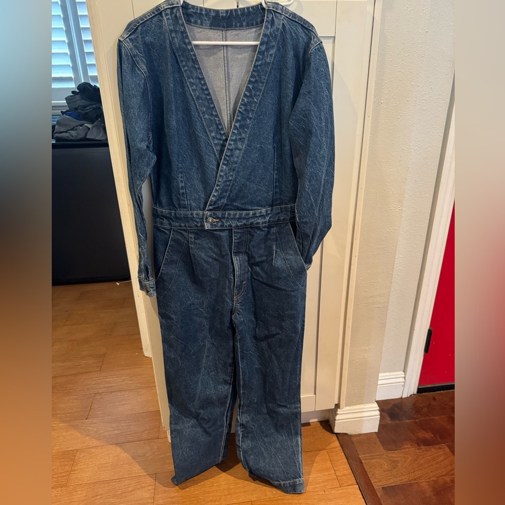 Free People We The Free Night Moves Denim Utility Jumpsuit One Piece Size Small